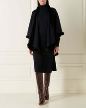 Load image into Gallery viewer, Cashmere Cape with Fur Trim Edge Navy Blue + Navy Blue Fur
