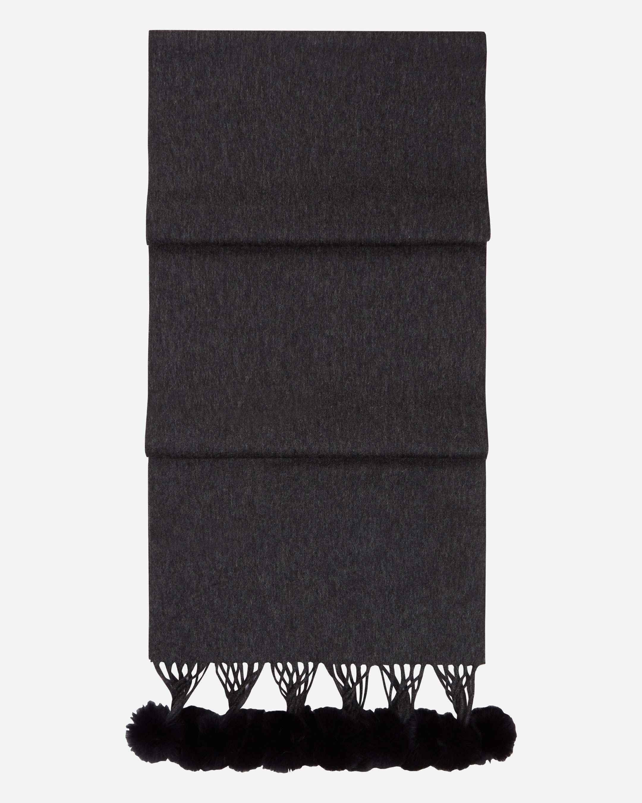Women's Fur Bobble Woven Cashmere Scarf Dark Charcoal Grey + Navy Blue