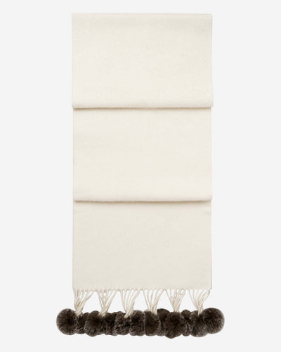 N.Peal Women's Fur Bobble Woven Cashmere Scarf New Ivory White + Charcoal Grey Tipped Fur