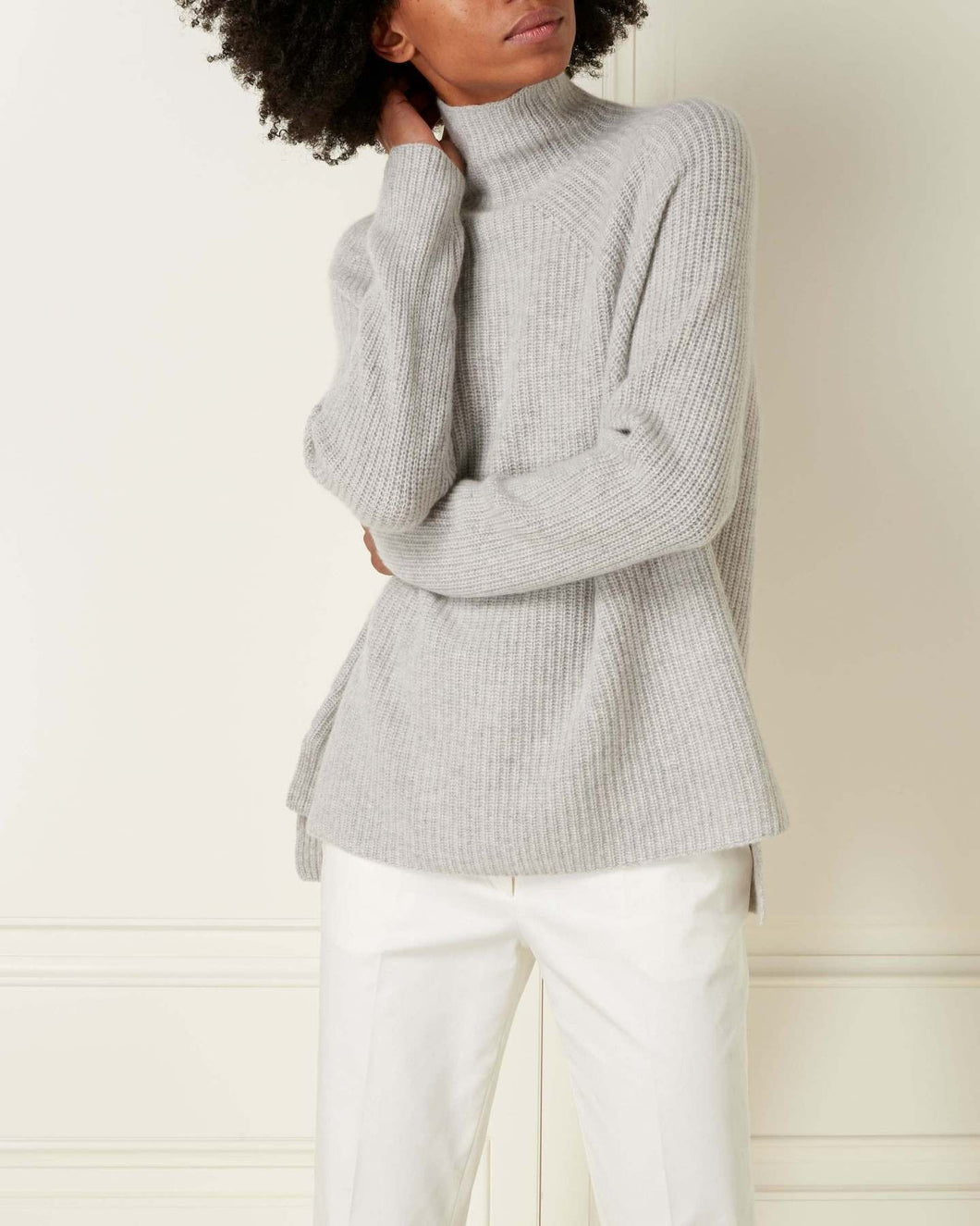 N.Peal Women's High Neck Ribbed Cashmere Jumper Fumo Grey