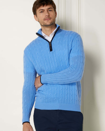 N.Peal Men's Cable Half Zip Cashmere Jumper Atlas Blue + Navy Blue