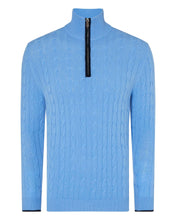 Load image into Gallery viewer, N.Peal Men&#39;s Cable Half Zip Cashmere Jumper Atlas Blue + Navy Blue
